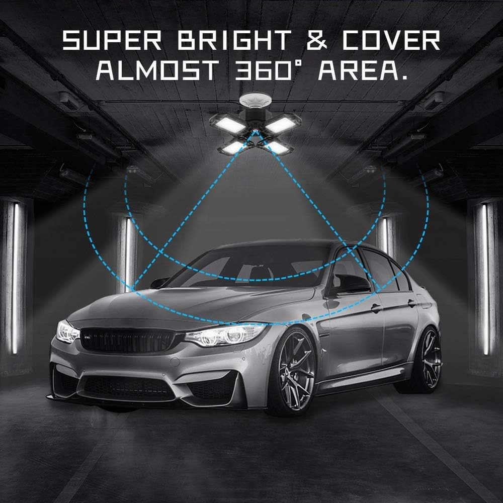 Black Friday Clearance LED Garage Lights, 80W Deformable LED Garage Ceiling Light 8000LM Shop Lights Bulbs with 4 Adjustable Panels for Garage Workshop Basement Support E26/E27 Screw Socket
