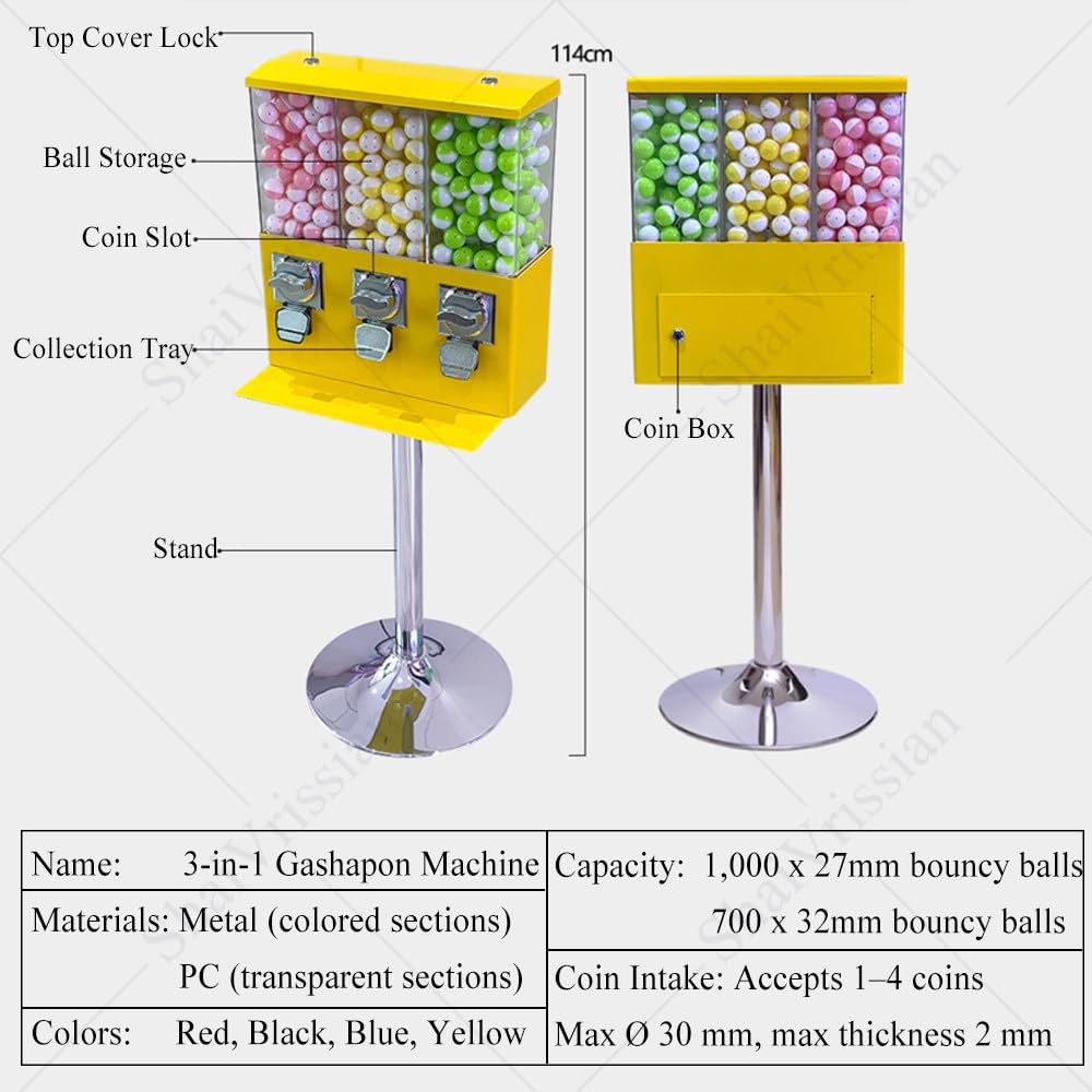 Kommerzieller Gumball Automat Mit 3 Spendern Black | Für Kaugummi,Bonbons,Kapseln,25-Cent Oder 1-Euro Münzbetrieb,Metallständer,Für Laden,Arcade,Eingangsbereich