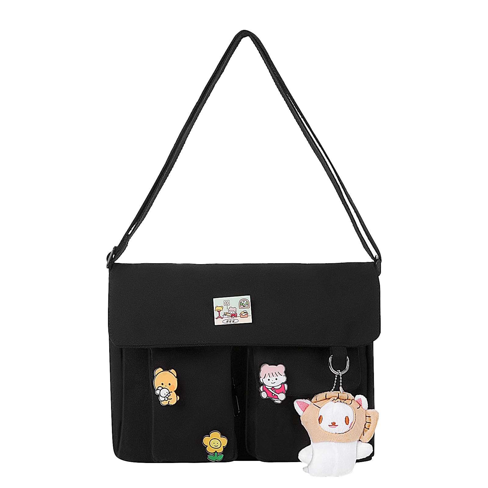 Borsa A Tracolla In Tela Kawaii Con Spille E Ciondolo Orso – Beige Gatto, Per Studentesse, Regalo Ragazza