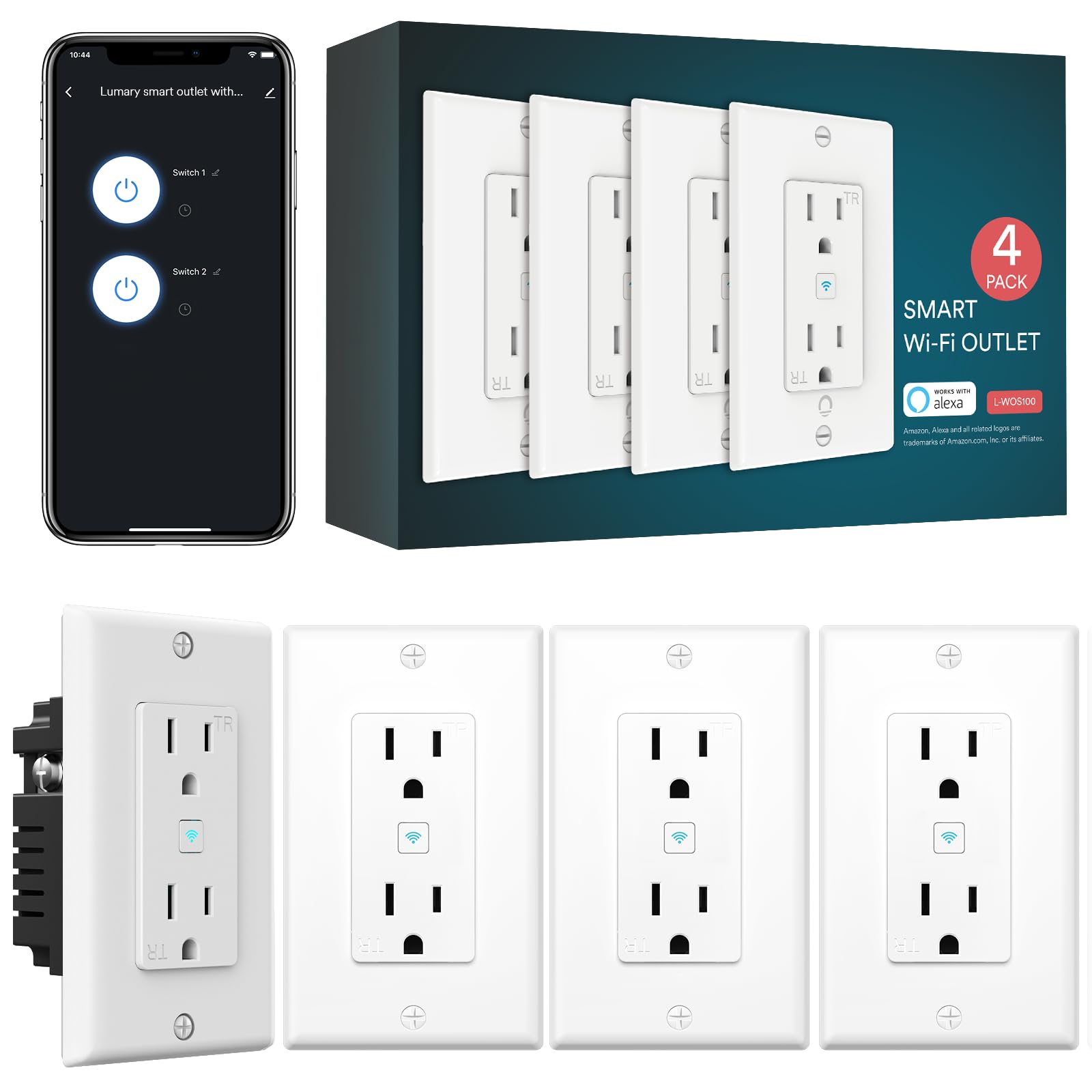 Lumary Standard Electrical Outlet, Smart in Wall Outlet Work with Alexa Google Home ETL FCC Certified 2.4G WiFi with Screws Style A 4 Pack