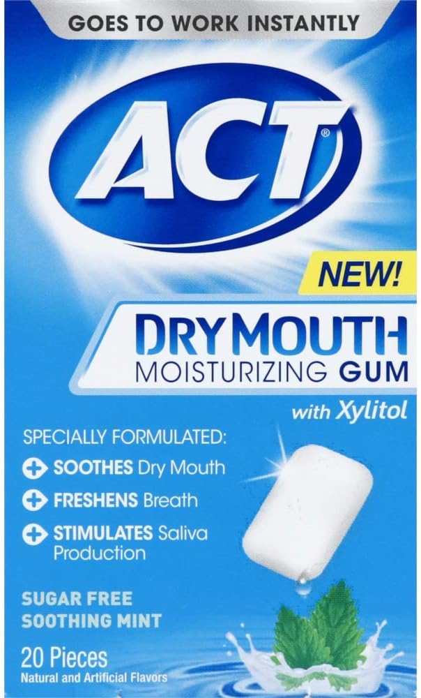 Caterpillar ACT Dry Mouth Moisturizing Gum, Soothing Mint, Sugar Free, 20 Count (Pack of 3)