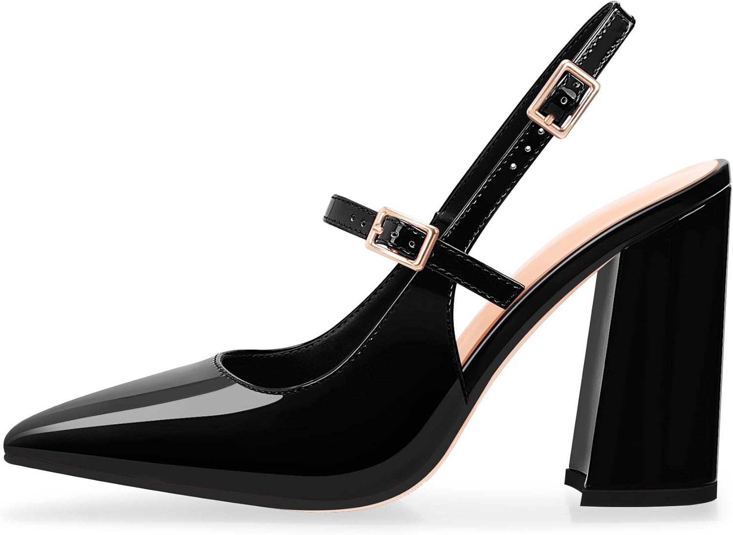 Women's Chunky High Heel Pumps Pointed Toe Slingback Buckle Strap Patent Leather Dress Shoes