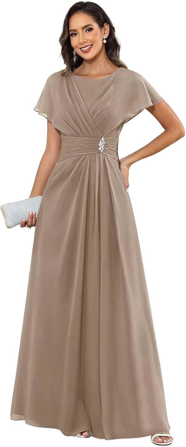 Mother of Bride Dresses for Women 2026 Scoop Neck Beaded Pleated Chiffon Classy Wedding Guest Gown with Sleeves