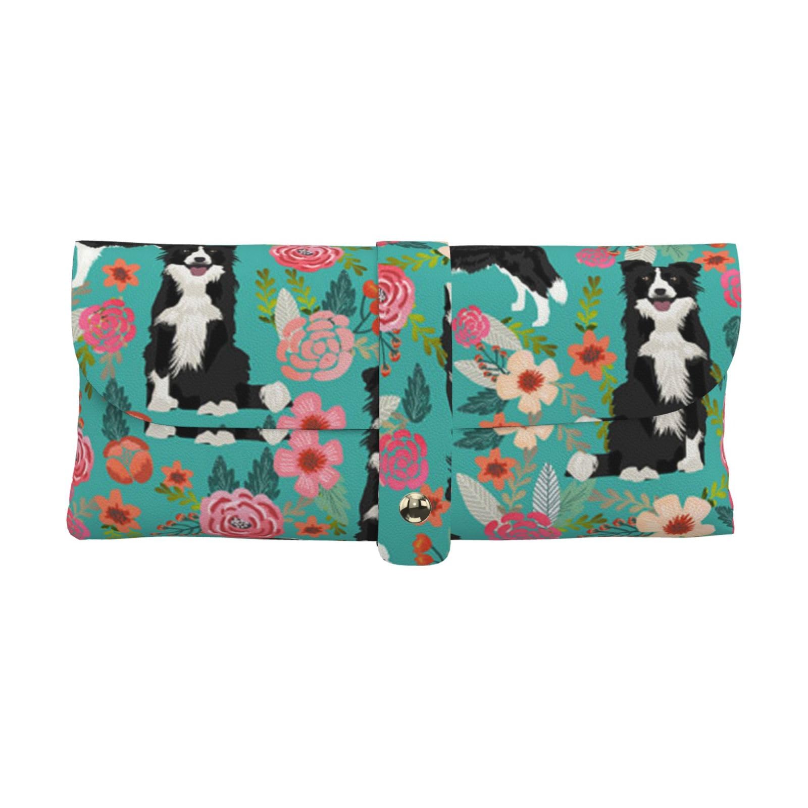 ESASAM Border Collie Florals Printed Leather Eyewear Bag To Protect Glasses From Scratches And Scratches