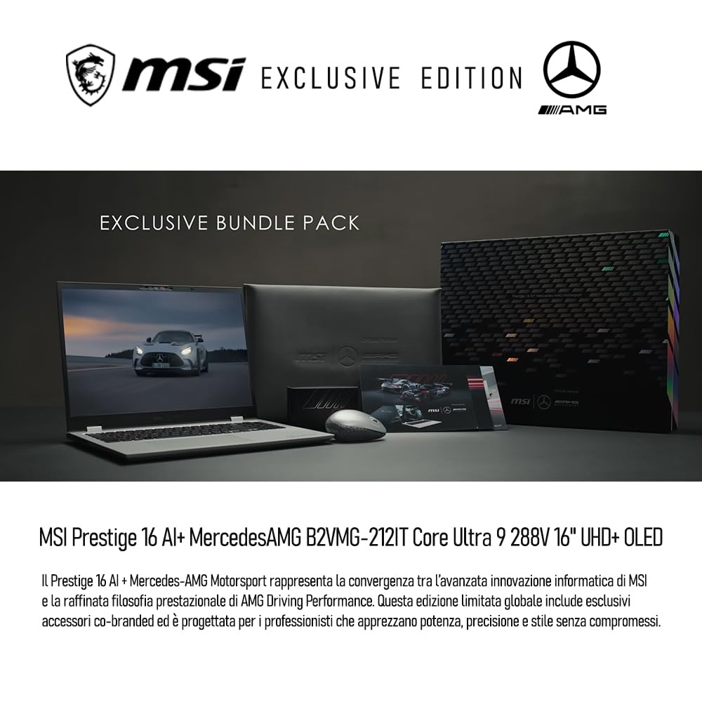 msi Notebook Prestige 16 AI+ MercedesAMG B2VMG-212IT 16" UHD+ OLED | (3840×2400) OLED, Intel Core Ultra 9 288V, 32GB LPDDR5x 8533MHz, Intel Arc Graphics, 1TB SSD, Windows 11 Home NextGen, Italia