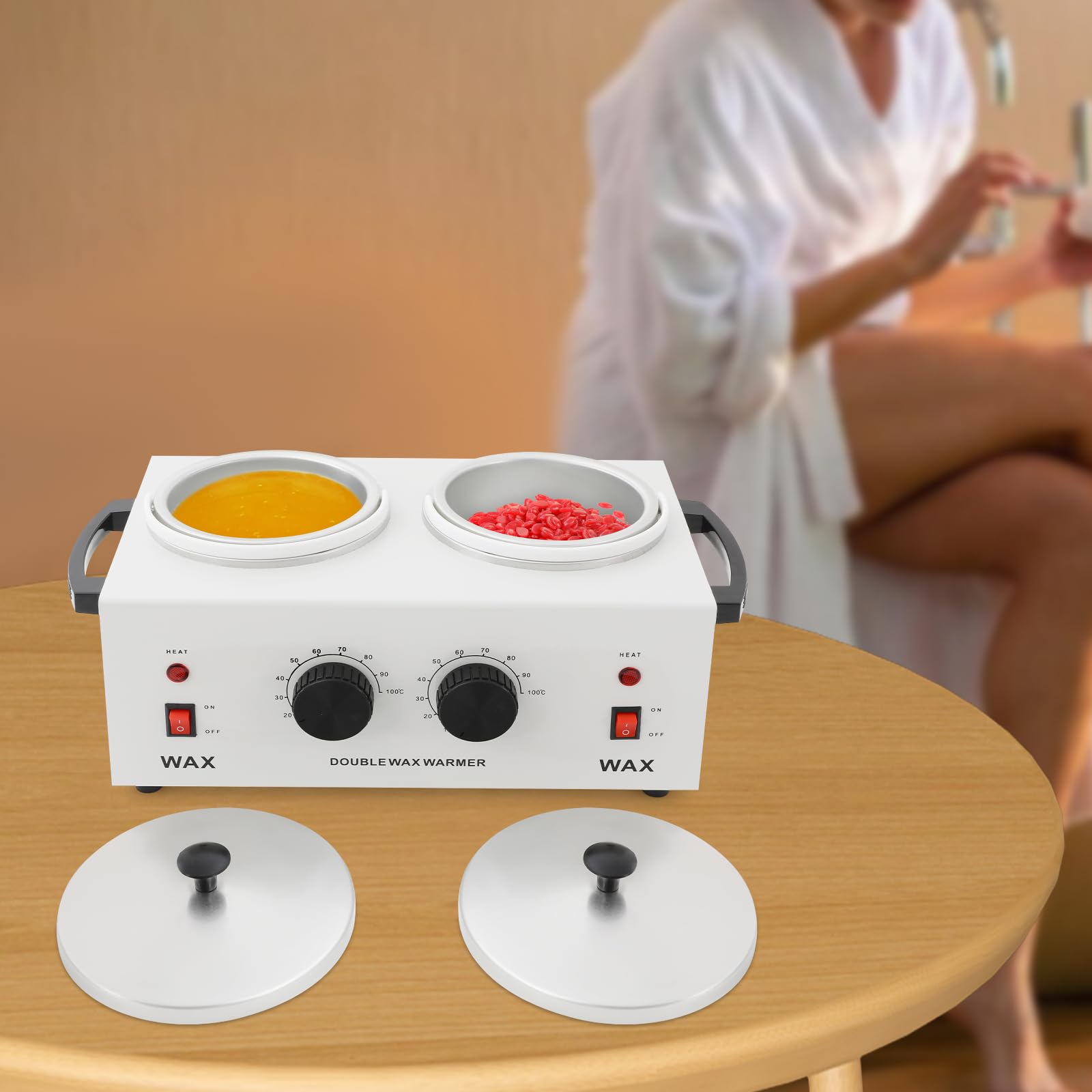 Elektryczny podgrzewacz wosku 200 W, 2 x 400 ml, regulacja temperatury 0 – 100 °C, do woskowania, depilacji, profesjonalny topiarka do wosku z pokrywką do salonu, spa i użytku domowego