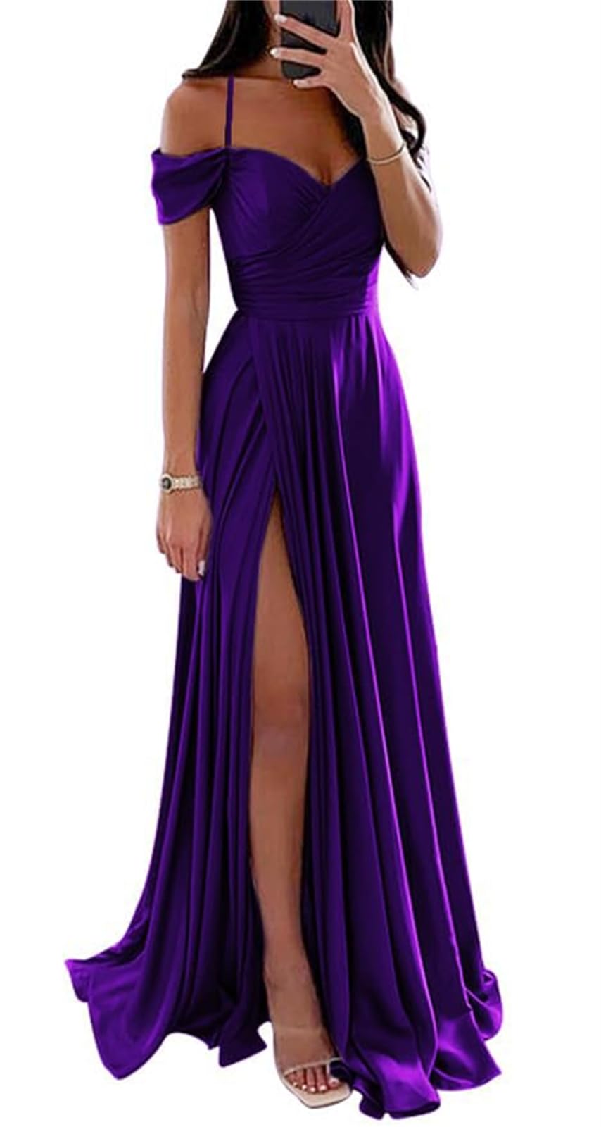 Yiann Women's Purple Bridesmaid Dresses Off Shoulder Prom Ball Gown With Slit For Satin Formal Dress For Wedding Uk16