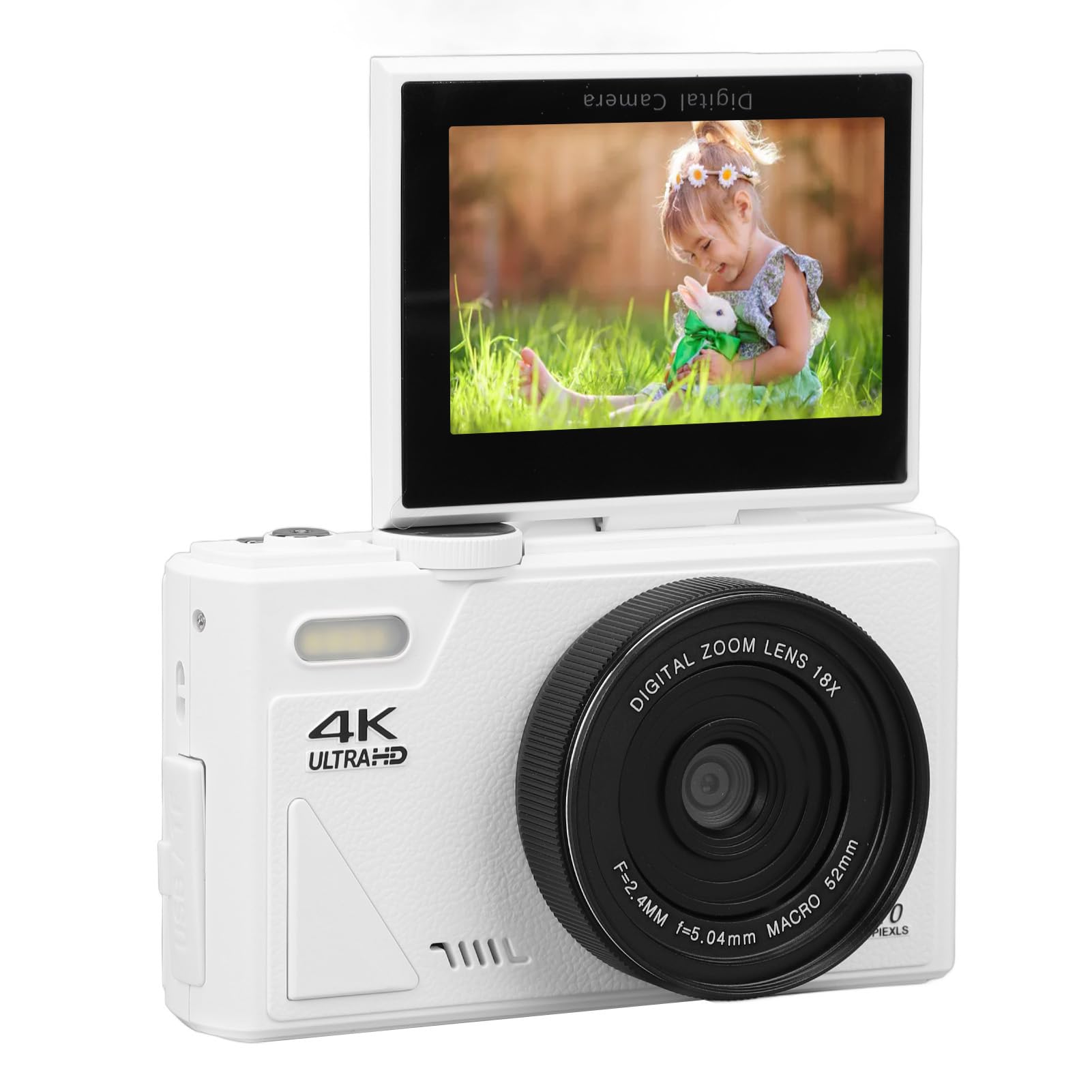 Tbest Fotocamera Digitale 4K Mirrorless 64MP HD Autofocus Zoom 18X WiFi con Schermo Ribaltabile da 3 Pollici per Studenti Principianti di Fotografia di Viaggio (WHITE)