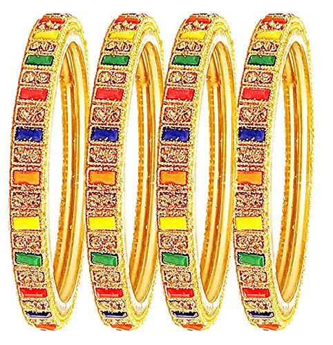 Generic Oneness (2.2 Small Size) Multi/Golden/Red Colour Glass Bangles/Kada Set with Beautiful Golden & Silver Stones/Nag Design (Diwali Special) for Womens and Girls - (Set of 4 Bangles)