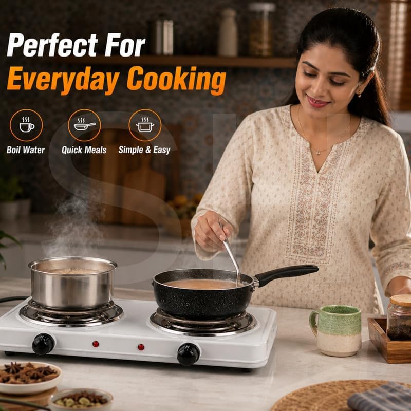Image of Perfect 2000W Electric Double Burner Hot Plate Portable Dual Cooking Stove with Adjustable Temperature Control Compact Electric Cooktop for Home Office Travel With Warranty of 2 years