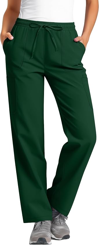 Womens Workwear Cargo Scrub Pants | Straight Leg, Elastic Waist, with Side Pockets, Drawstring, Cargo Bottoms