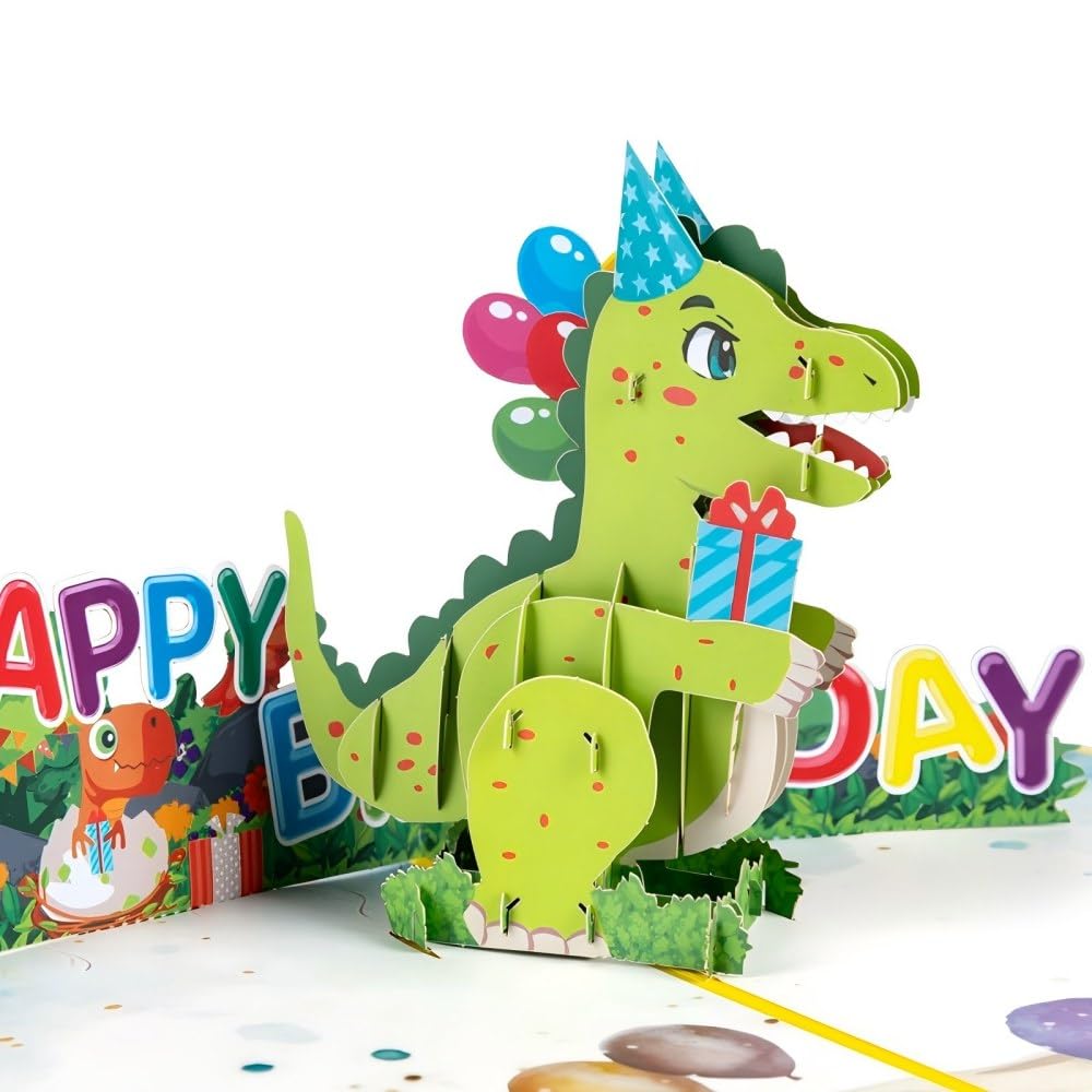 3D Pop Up Dinosaur Birthday Card, Happy Birthday Letters with Party Hat Dino, 3D Greeting Card for Son Daughter Boy Girl
