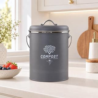 Kitchen Countertop Compost Bin, Odor Resistant Indoor Compost Bin with Lid and Charcoal Filter, Rust Resistant Coated Compost Bucket, Compost Container, Gray