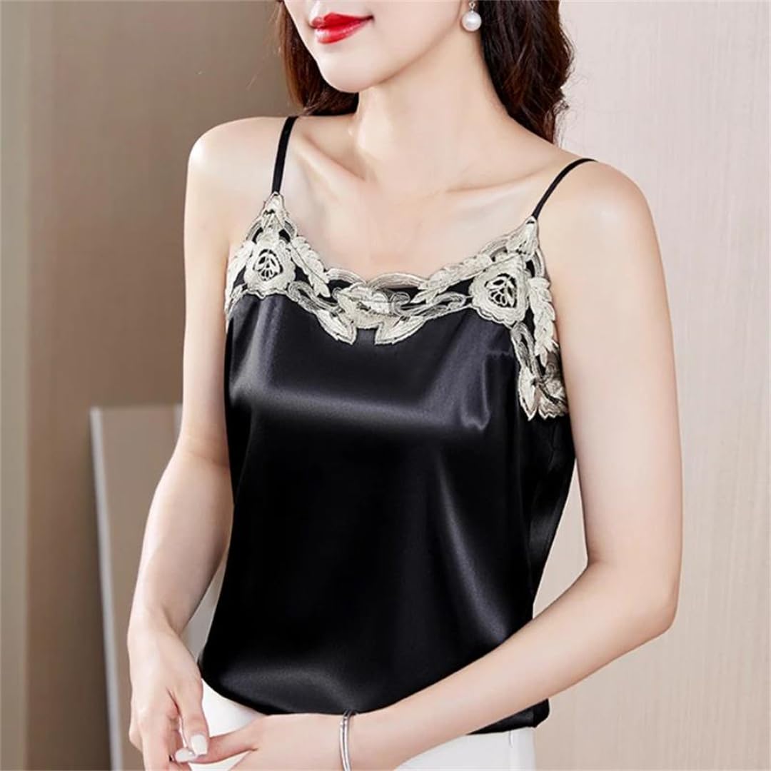 Canotte da donna senza maniche estive pizzo fiori seta allentata ANK Tops