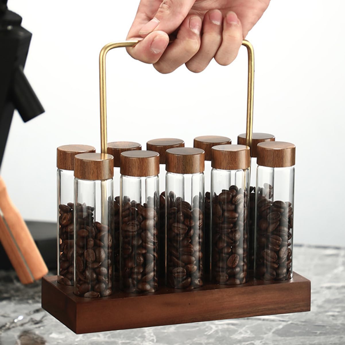 Luftdichter Kaffeebohnen Behälter aus Glas mit Holzständer Stilvoll für Küche und Wohnung zur Frische und Aromabewahrung