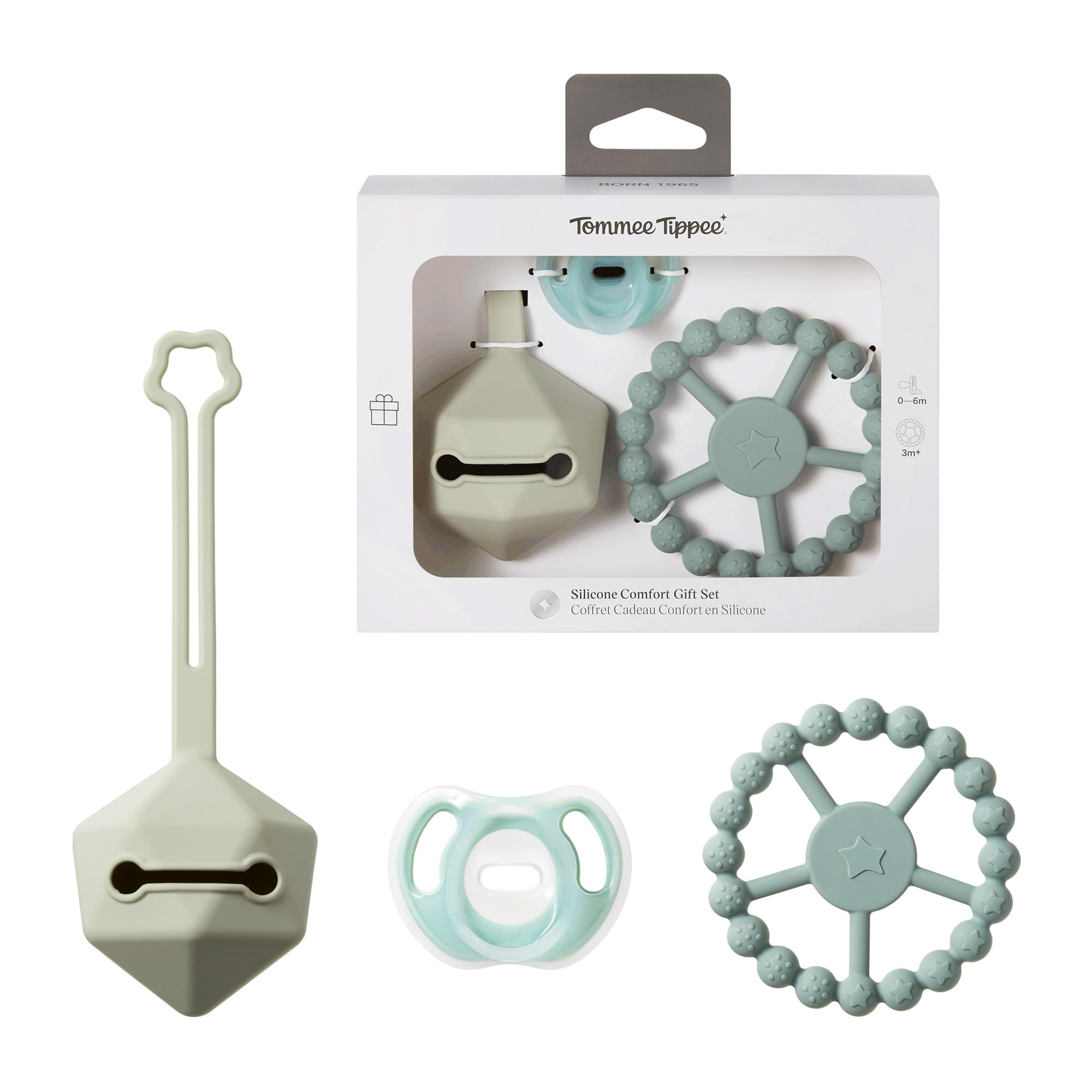 Tommee Tippee Silicone Comfort Gift Set Ultra-Light Soother, Carry Case & Teething Ring 0-6m+, Green