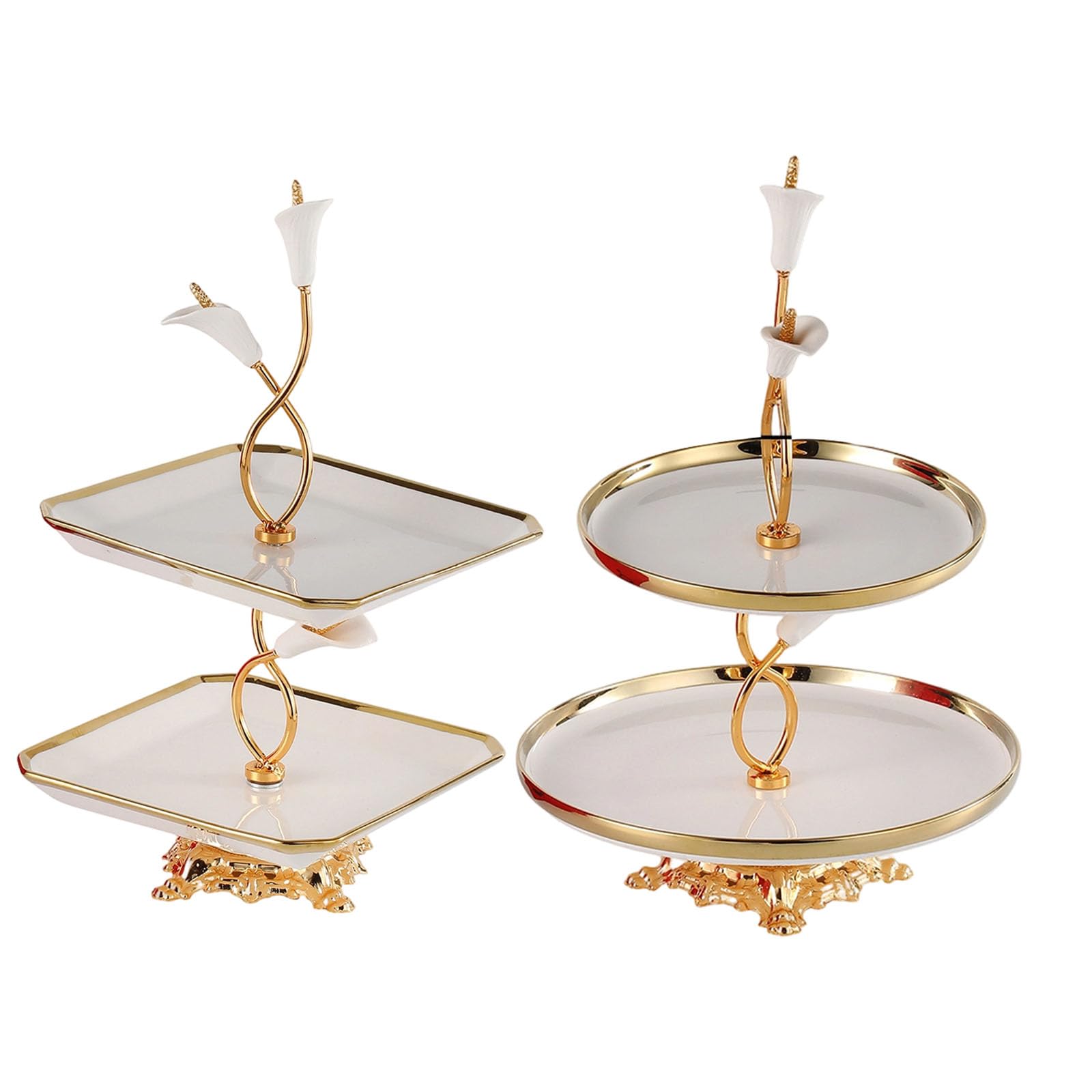 Soporte para Magdalenas de 2 Niveles Bandeja para Servir postres en Niveles de cerámica Blanca con Bordes Dorados Expositor de Soporte para Pasteles de té para Bodas Bandeja de postres de
