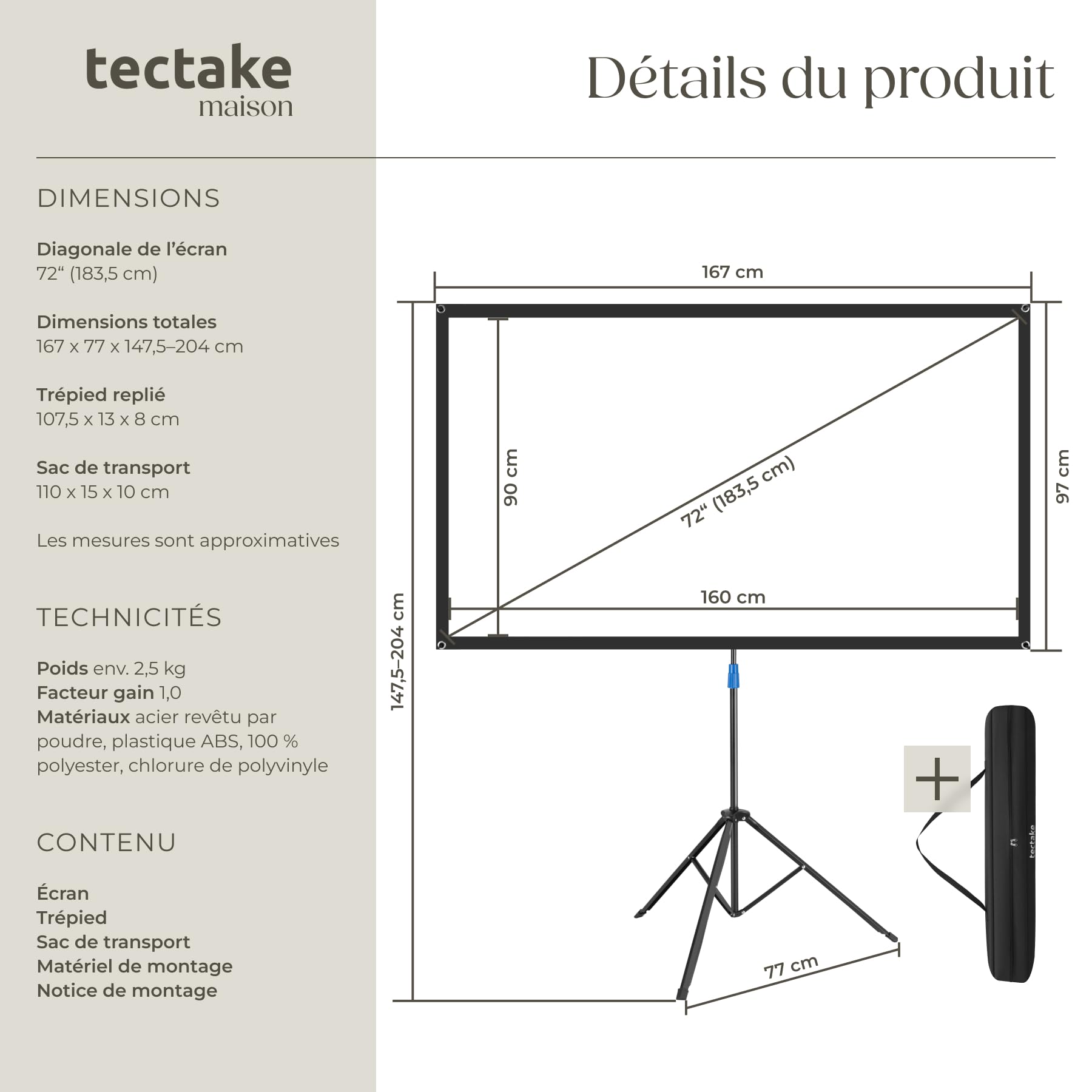 tectake® Écran de Projection portable avec trepied, 160x190 cm, Ecran videoprojecteur format 16:9, Toile videoprojecteur 4K, HD, Full HD, Ultra HD Ecran de Projection Toile projecteur Écran projecteur