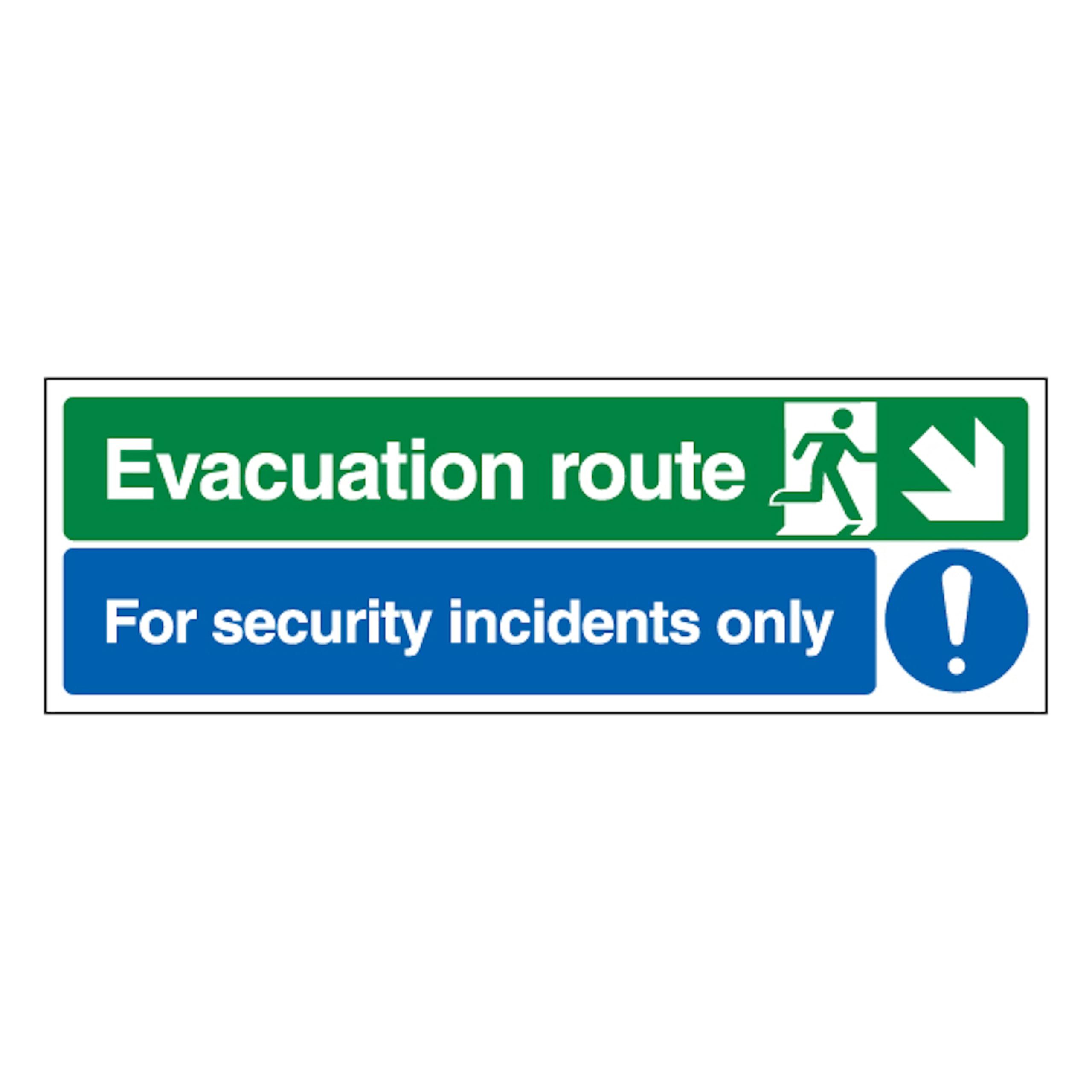 V Safety Evacuation Route Arrow Down Right/Security Incidents Only 450 x 150 mm - Perspex Clear Cast Acrylic Safety Sign