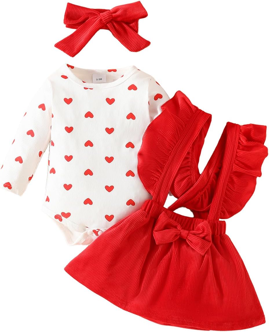 LUVCES Pasgeboren baby meisjes rokken sets ruches top plaid/dots/bowknot overalls bretels jurk hoofdband zomer herfst winter kleding outfits set, G: Cartoon Beer Rood Hart, 6-12 Maanden