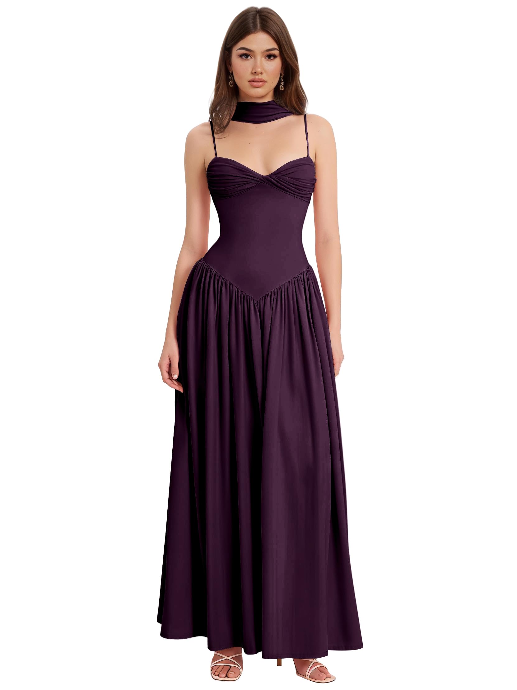 Spaghetti Straps Chiffon Bridesmaid Dresses with Scarf for Women Sweetheart A Line Evening Dress with Pockets