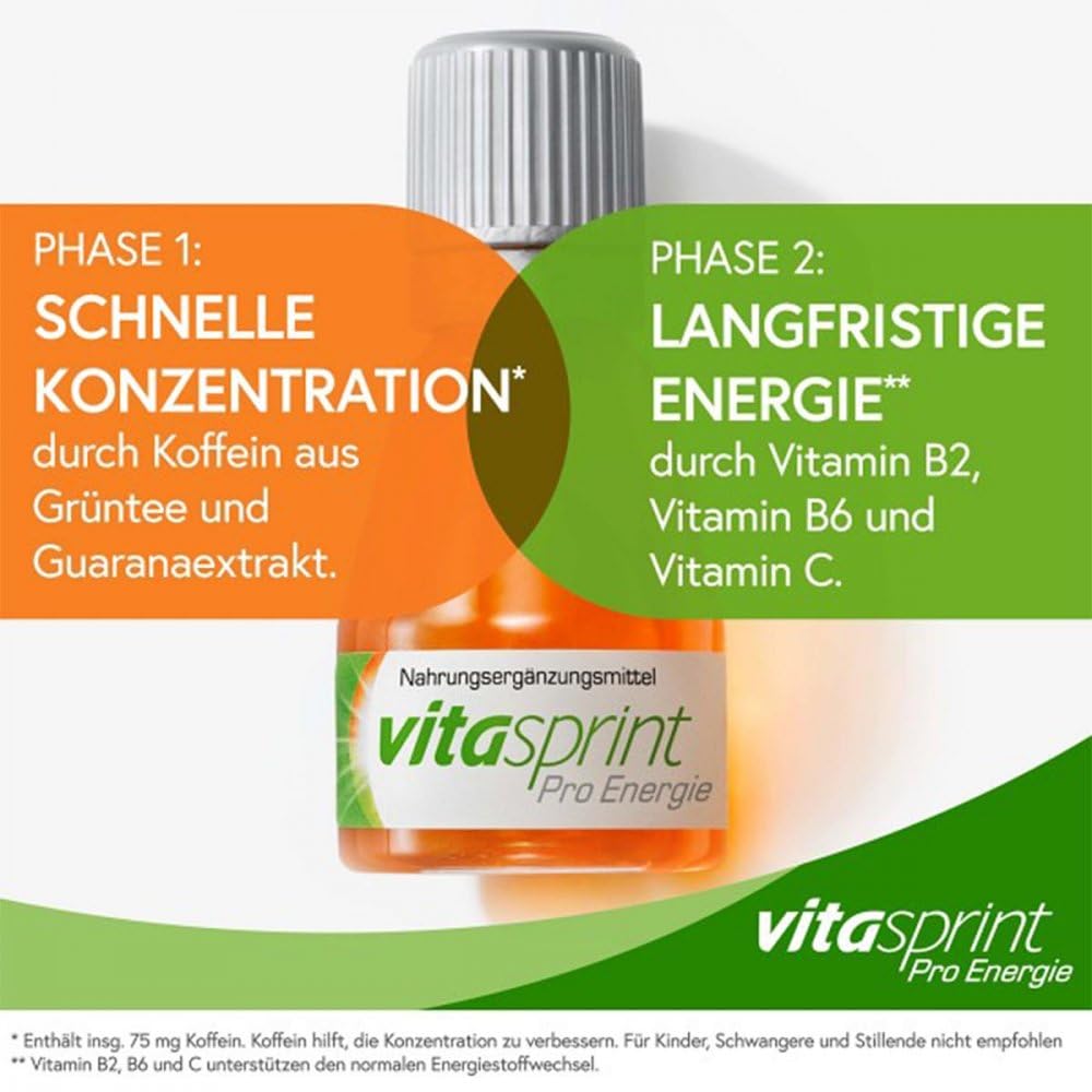 Vitasprint Pro Energie, Nahrungsergänzungsmittel, 24 St.Vitamin B6 & C | Nahrungsergänzungsmittel mit Vitamin, Ginsengwurzel-und Guaranasamen-Extrakt und Koffein für Erwachsene.