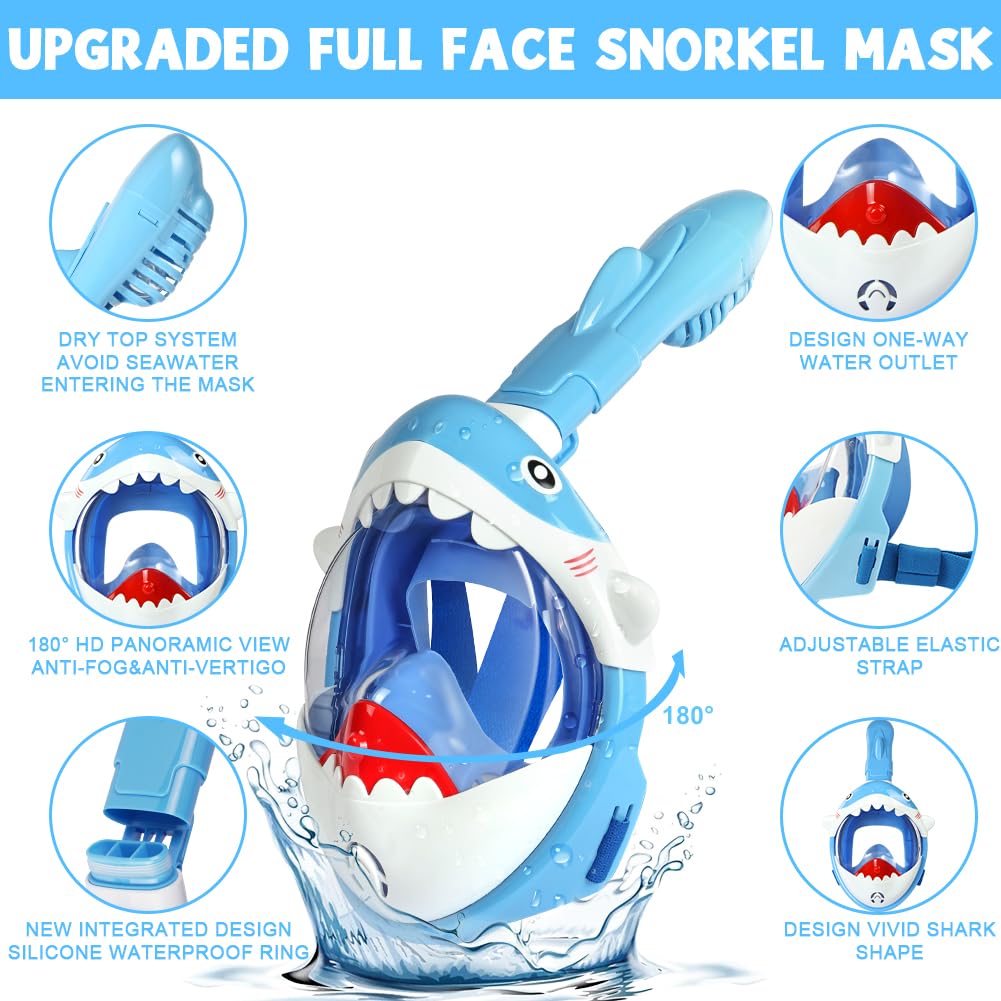 Maschera da Snorkeling per Bambini, 180° HD Anti-Appannamento e Anti-Perdita Maschera Integrale per Bambini, Snorkel Dry con Valvole Sicurezza, Dai 10 Annii