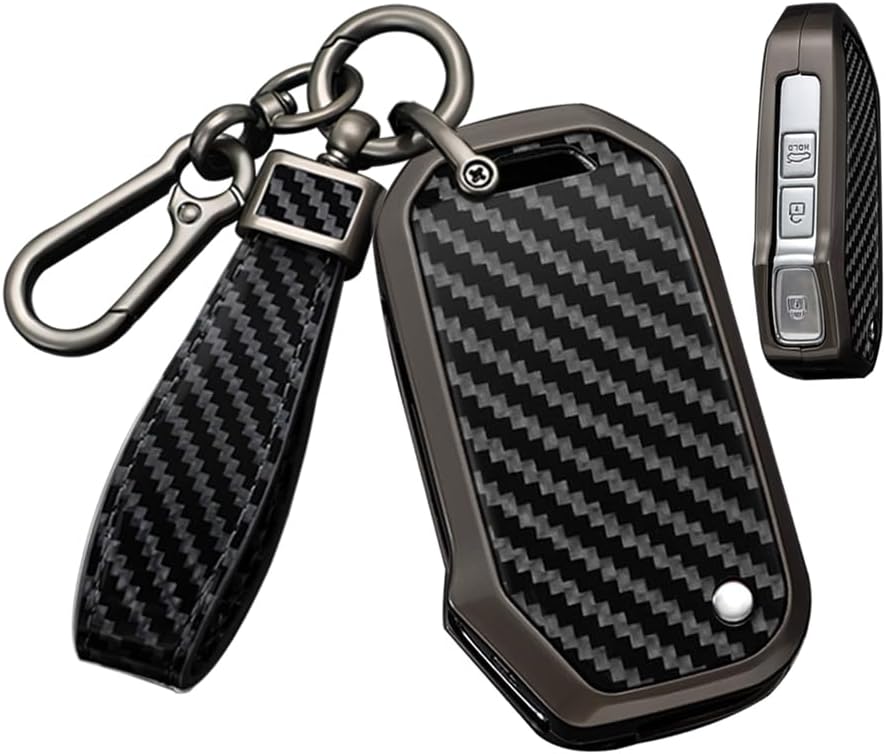 SANRILY Carbon Fiber Pattern 3-4 Button Key Fob Cover Case Fit for Kia NIRO 2022 K5 Forte Seltos Soul Sportage Sorento Cerato Keyless with Keychain Blue