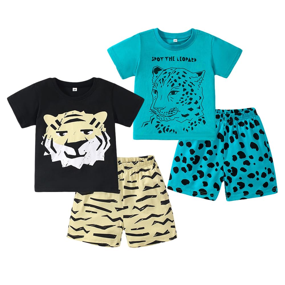 VZF Toddler Boys Summer Outfits Dinosaur & Car Print Pure Cotton 4-Piece Outfit Short Sleeves Tees and Shorts 2-6Y