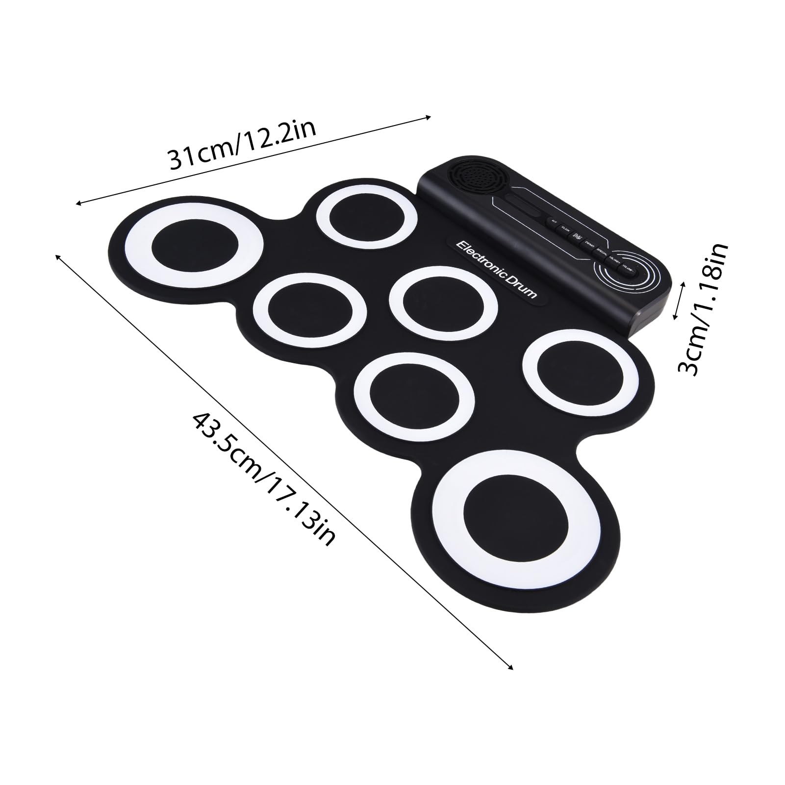 Walmeck Tambor de Escritorio Portátil Altavoz Rollo de Mano 7 Almohadillas Práctica de Silicona Kit de Tambor para Almohadillas para Principiantes Recargables (En y negro)