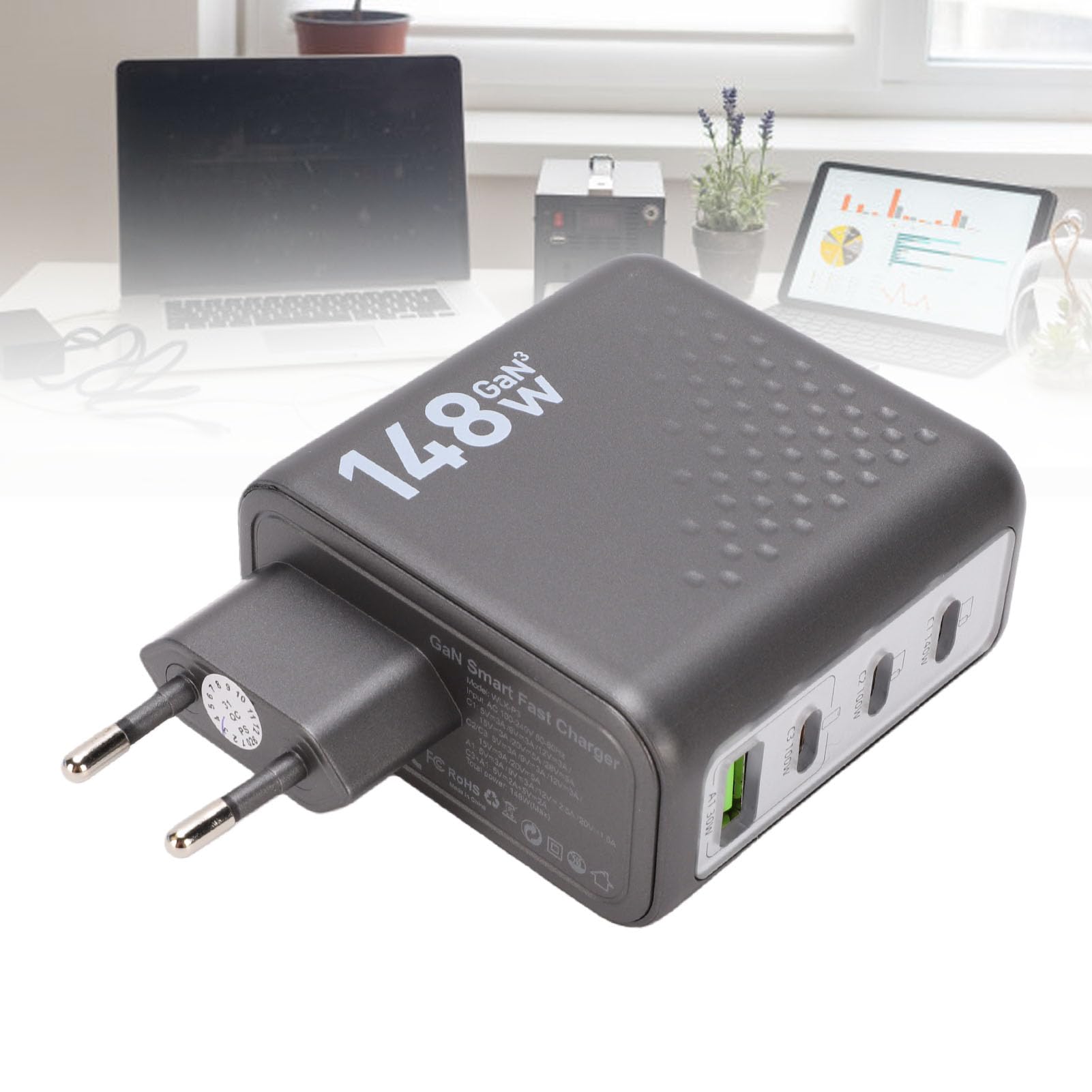VBESTLIFE Bloque de Cargador USB C de 148W, Adaptador de Pared Rápido GAN de 4 Puertos con Control Táctil de Pantalla Inteligente AI, para Auriculares de Teléfono, Tableta y Portátil (Enchufe de la