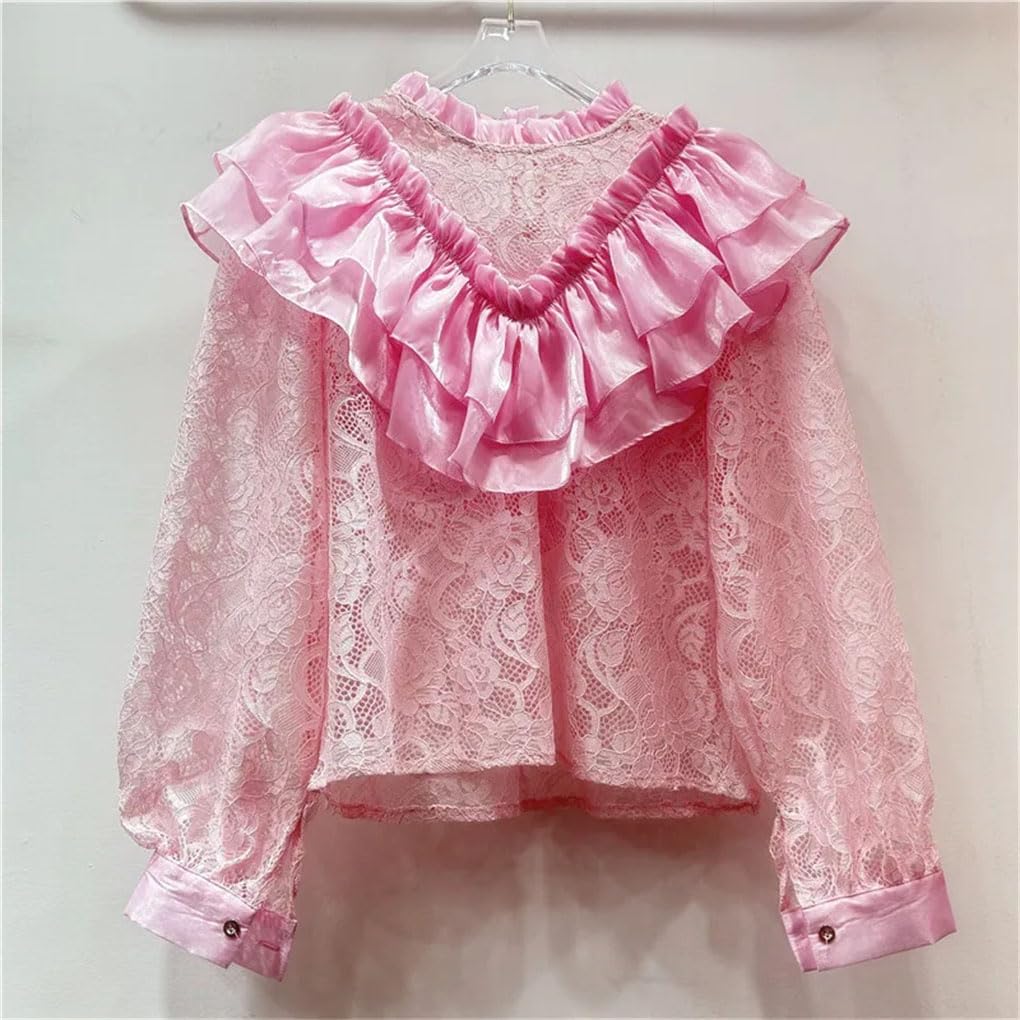 Camicetta da donna con volant in pizzo traforato stile sottile manica lunga francese patchwork camicetta