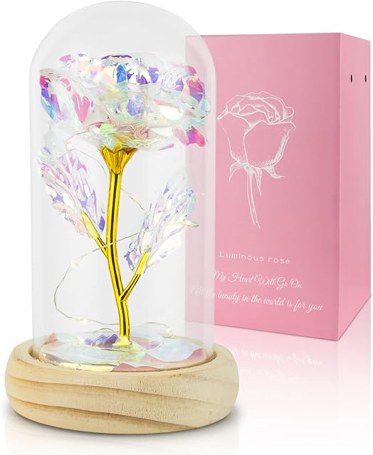 Alljia Valentines Gifts to Her, Rose in Glass Dome with Led Fairy Lights Forever Galaxy Rose Gift for Mom Girlfriend Wife Valentine Decorations(Batteries Included)