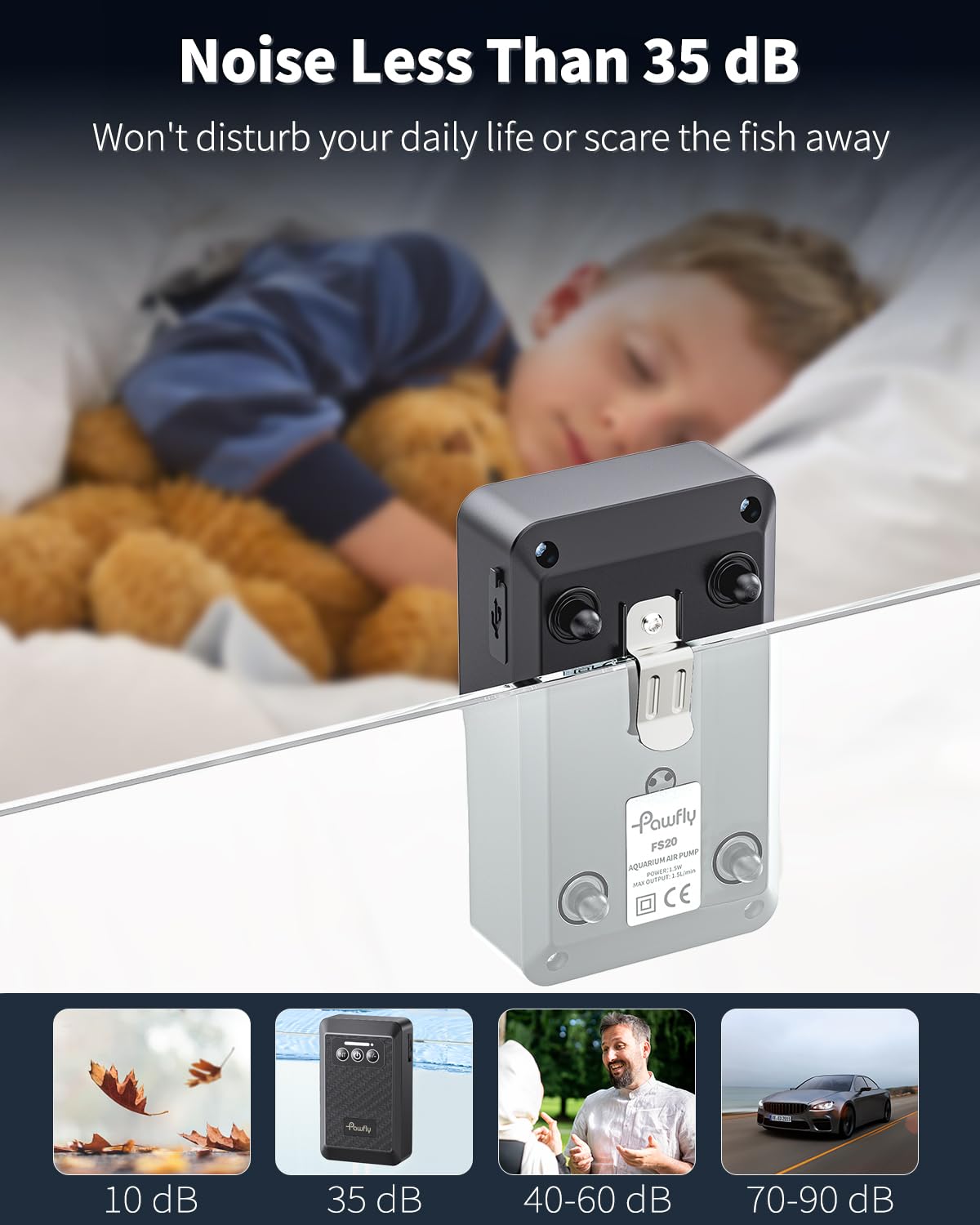 Pawfly Bomba de aire para acuario, alimentada por batería de litio, bombas de oxígeno recargables por USB, para tanques de 35-500 L, 1.5-4 l/min, aireador silencioso portátil con clip trasero de metal