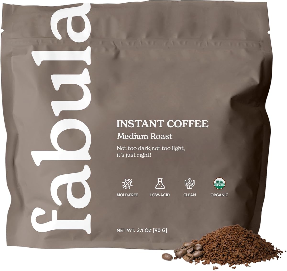 Fabula Organic Instant Coffee, Low Acid, Mold Free - Medium Roast, 90g, Convenient &amp; Delicious