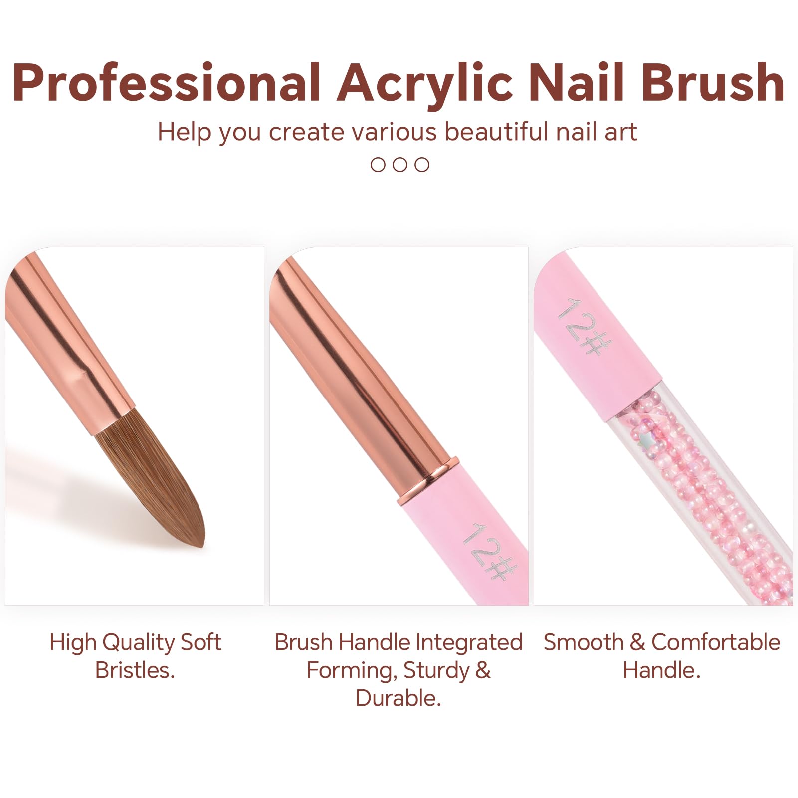 Kolinsky - Pennello per unghie in acrilico, setole per capelli, forma ovale, per applicazione acrilica, extension e intaglio 3D, con manico in perline rosa, per manicure a casa e salone