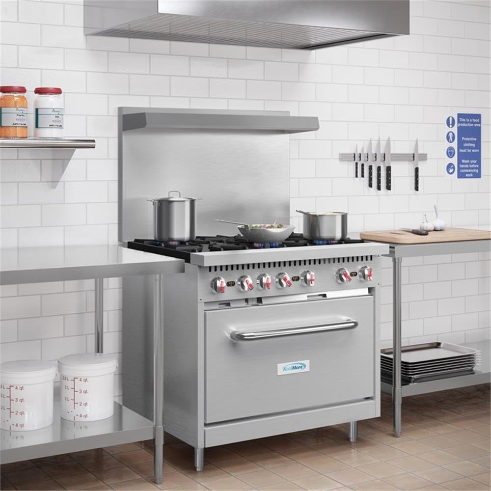 Pemberly Row 36" Commercial Liquid Propane Gas Range, Stainless Steel, 6 Burners, Built-In Backsplash and Shelf, Heavy Duty Kitchen Stove for Restaurants or Commercial Cooking