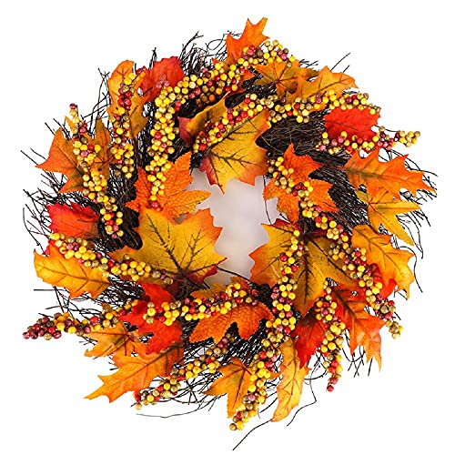Fall Thanksgiving Wreath For Front Door With Maple Leaf, Heflashor 18'' Autumn Harvest Wreath Fall Berry Garland Door Wreath For Thanksgiving Decorations Indoor&Outdoor Arrangement Hanging #TOP6