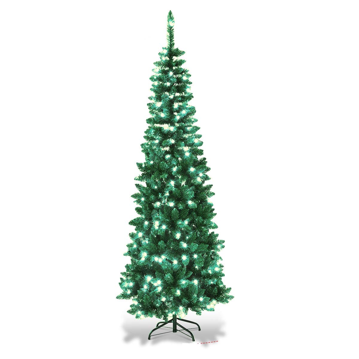 6Ft/1.8m Pre-Lit Artificial Slim Christmas Tree Green Pencil Tree, Pointed Tips, Metal Stand Cool White LEDs Lights Holiday Home Decorations