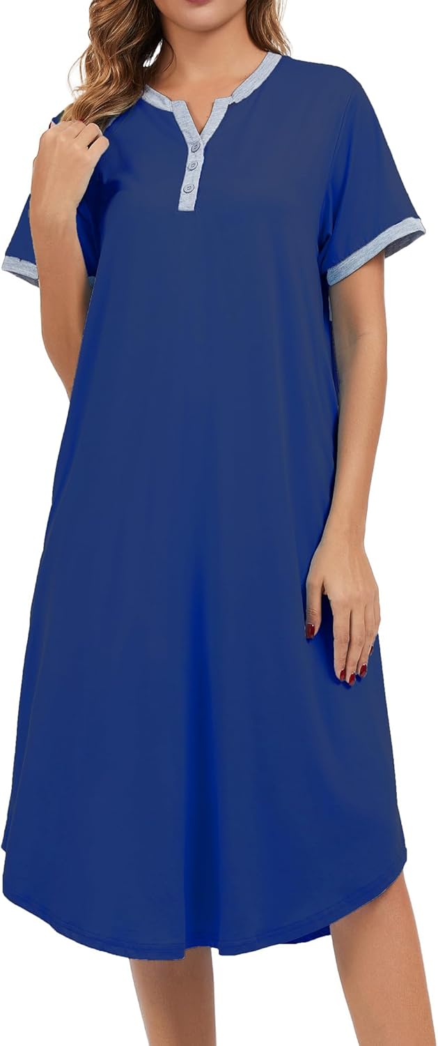 Nightgowns for Women Soft Cotton Short Sleeve Botton Night Gowns Long Sleepwear with Pockets