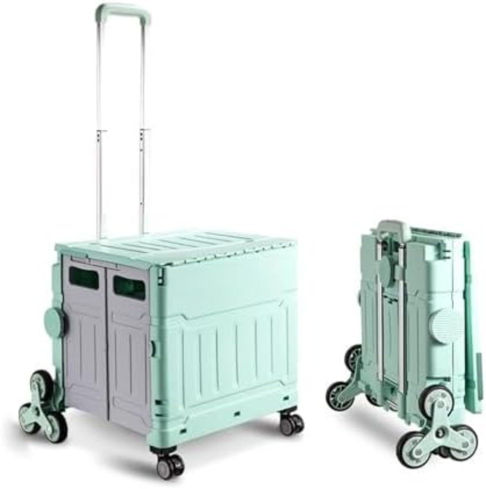 Caisse pliante à roulettes, boîte de rangement pour escalier 75 L, design à 8 roues, pliage rapide à plat, tige de traction réglable en hauteur, couvercle rabattable scellé