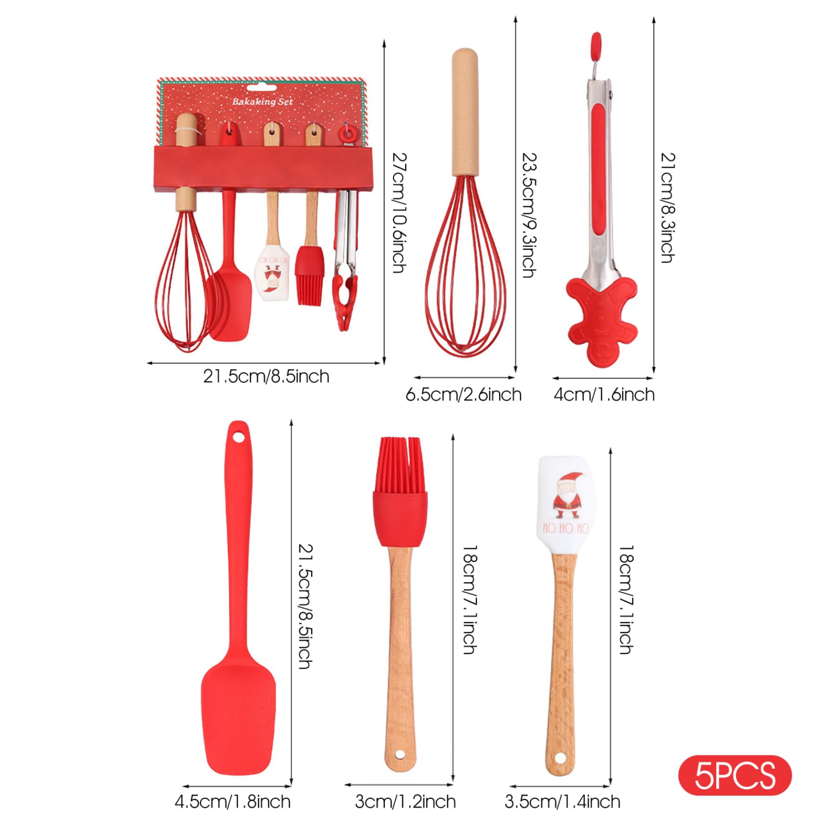 Lot de 5 fournitures de pâtisserie Noël, spatule Noël sur le thème qualité alimentaire avec fouet, pince, brosse, ensemble d'outils cuisson mignons pour cuisiner, sauter, mélanger, servir