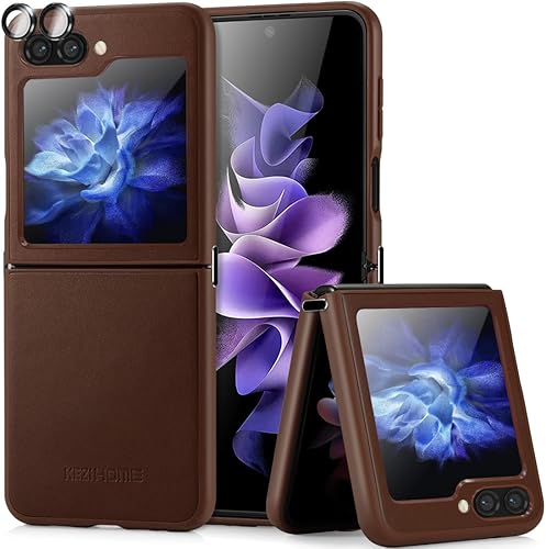 KEZiHOME Funda para Samsung Galaxy Z Flip 5 con protector de pantalla integrado, funda de cuero genuino para Samsung Z Flip 5 con cubierta para