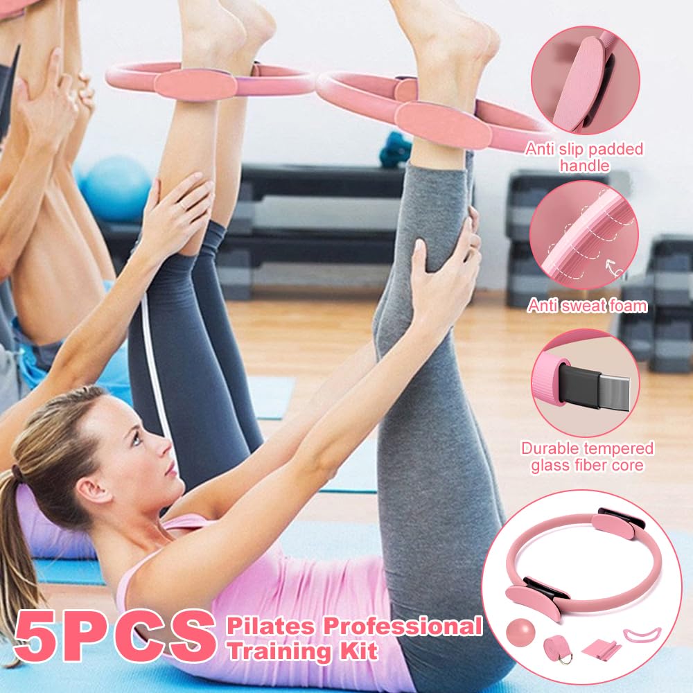 Set di Anelli per Pilates, 5PCS Kit di Anelli per Pilates, Pilates Essentials Kit, Inclusi L'anello Di Pilates, Cerchia di Pilates, Palla Yoga, Cinghia Yoga E Fascia Fitness, per Esercizi, Rosa