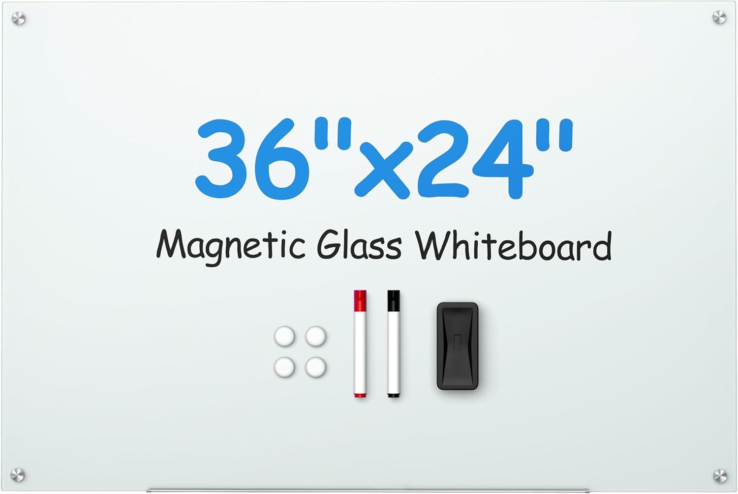 VUSIGN Glass Whiteboard 36" x 24" Magnetic Dry Erase for Office, School, Home, Frameless Mounting, Includes 4 Magnets, 2 Markers and 1 Erasers