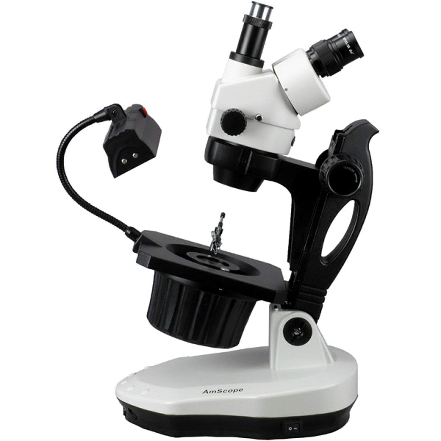 AmScope GM400TY Trinocular Gemology Stereo Zoom Microscope, WH10x Eyepieces, 7X-90X Magnification, 0.7X-4.5X Zoom Objective, Halogen and Fluorescent Lighting, Inclined Pillar Stand, 110V-120V, Includes 2.0X Barlow Lens