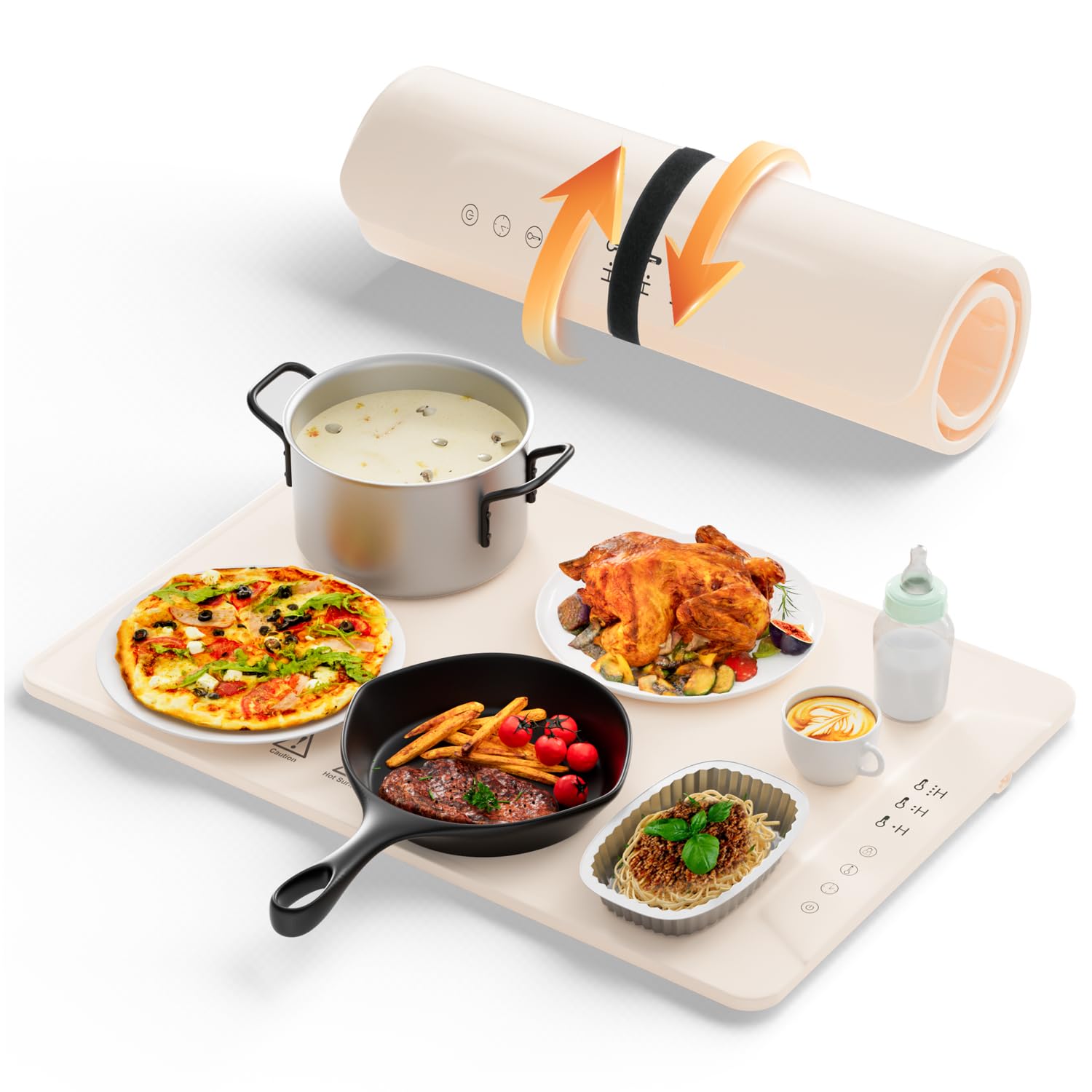 Keazile Food Warming Mat, Silicone Warming Trays with 3 Temperature Settings, Home Daily Use Foods Heating Pad with Timer, Roll Up Food Warmer for Buffet, Parties, Gatherings (Khaki)