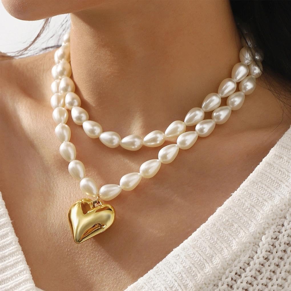 2Pcs Gold Pearl Heart Necklace for Women,Pearls Beaded Choker Puffy Heart Pendant Necklace,Vintage Chunky Layered Stackable Neck Jewelry - Image 2