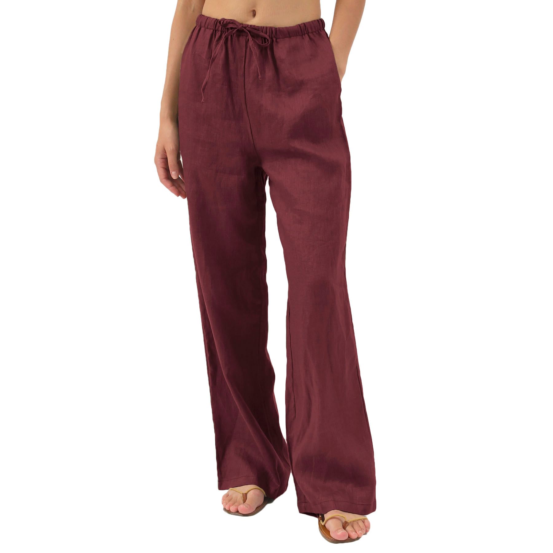 Amazhiyu - Pantaloni da donna in puro lino, estivi, vestibilità ampia, casual, a gamba larga, con tasche