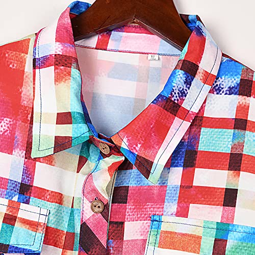 Rfniu Womens Plaid Color Shirts Fashion Multicolor Matching Pockets Buttons Cardigan Tops Loose Long Sleeve Tunic Blouse, 01_Red, Large #TOP4